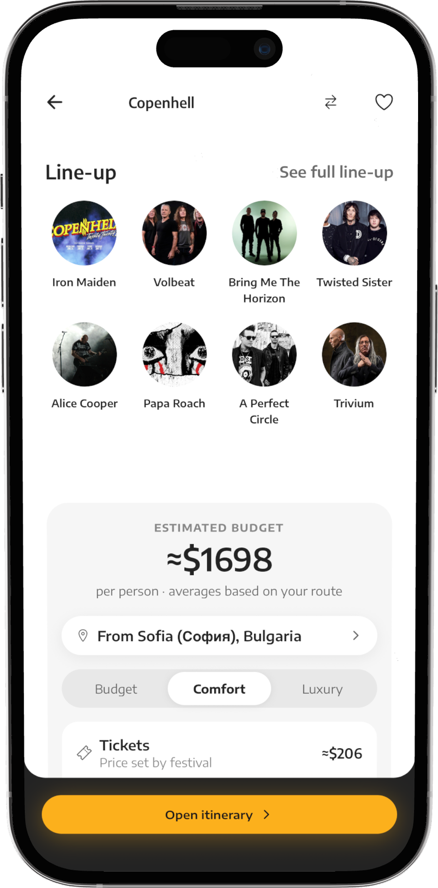 Roovent festival screen showing line-up and estimated budget