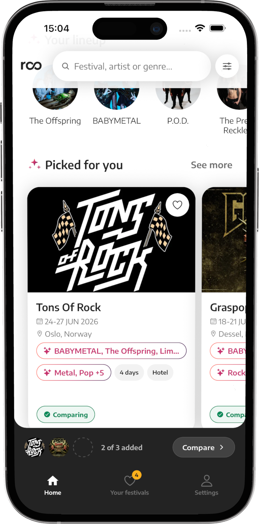 Roovent home screen with personalised festival picks